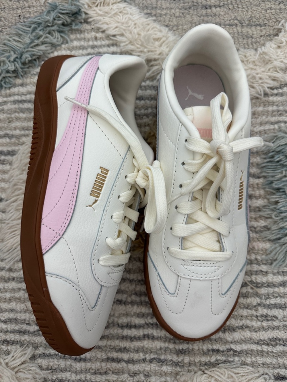 Puma Club 5V5 White Sneakers with Pink Stripe and Brown Sole